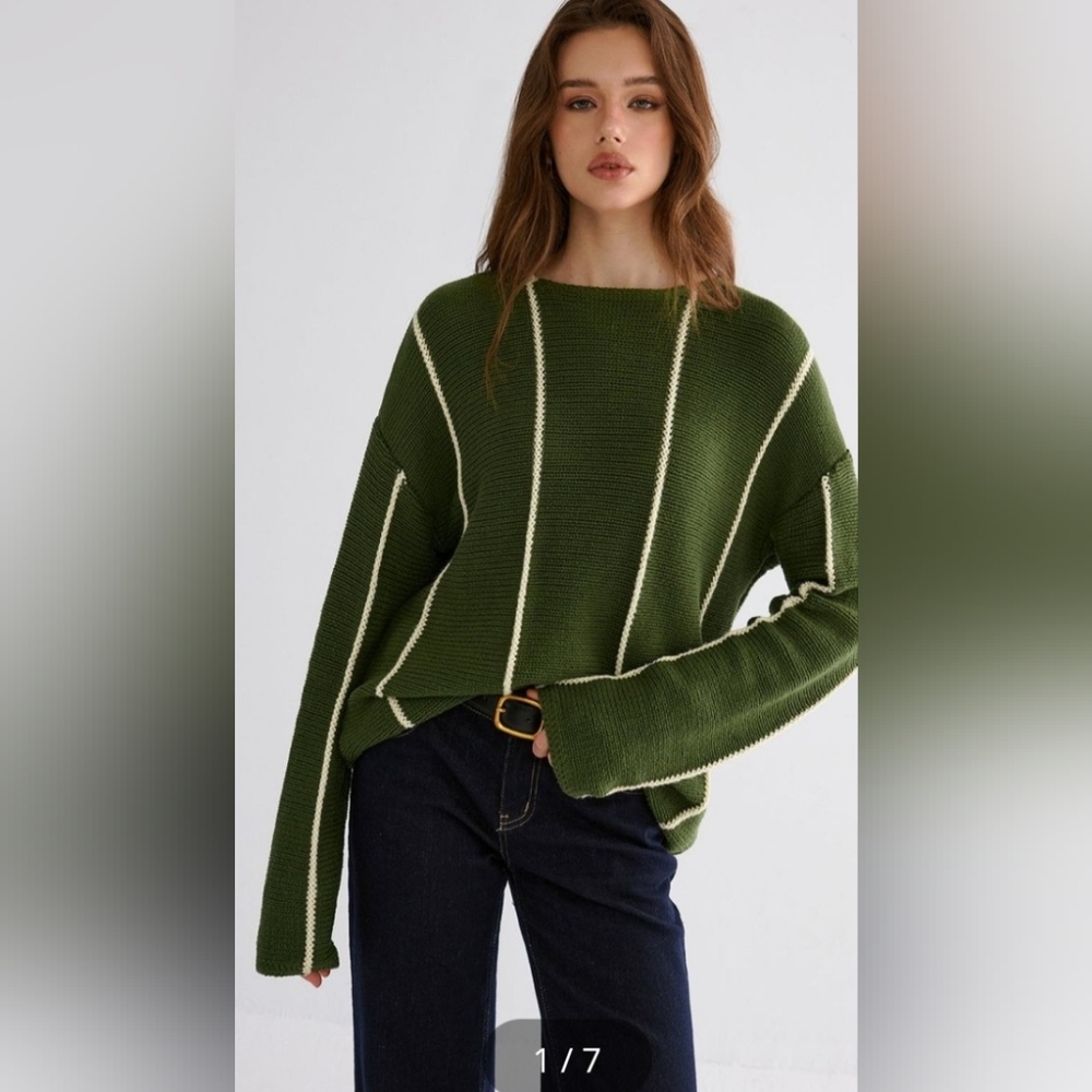 Commense Olive and Cream Striped Women's Sweater